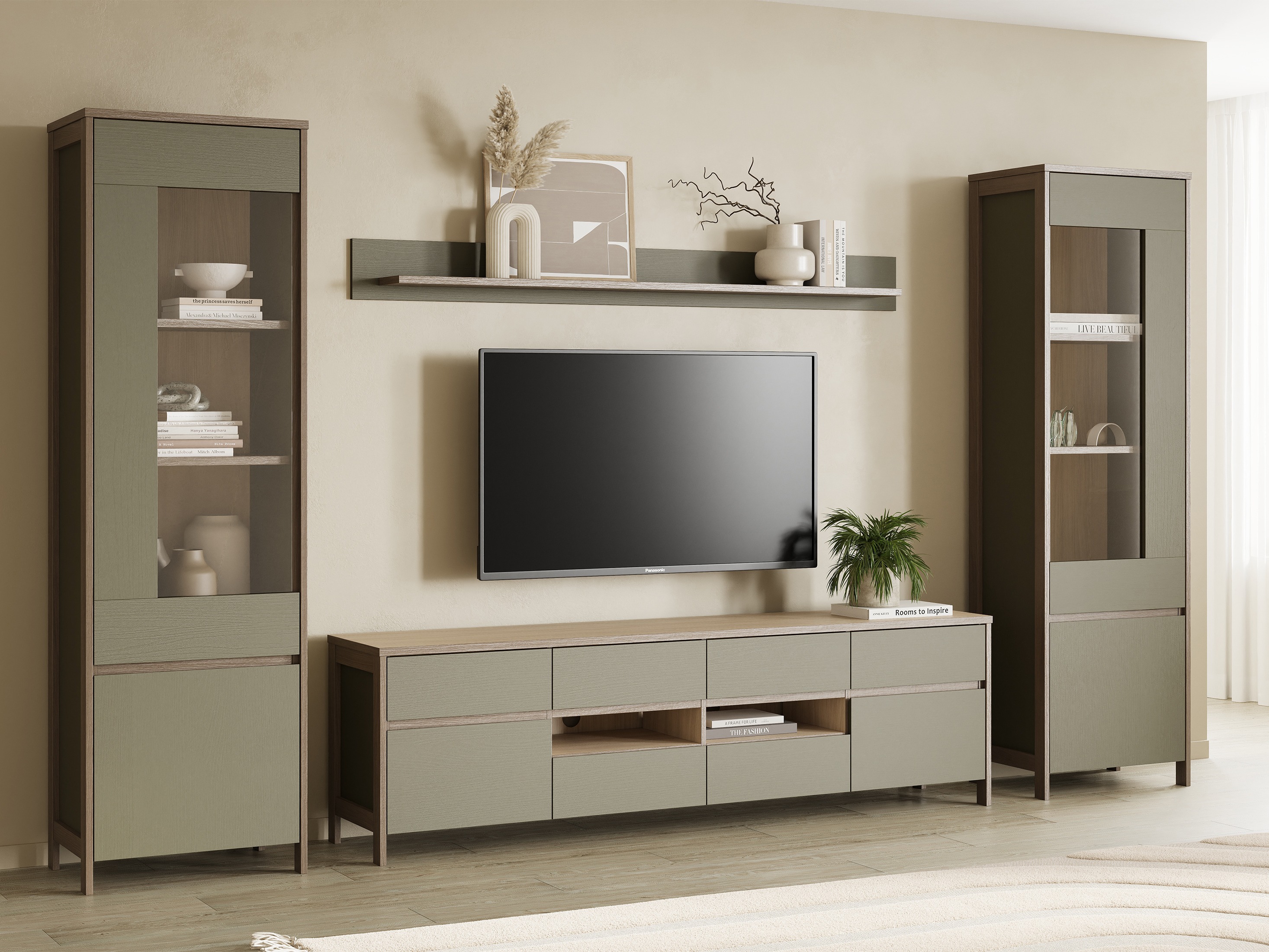 TV-bord Fermaru 103 (Støvet grøn + Egetræ)