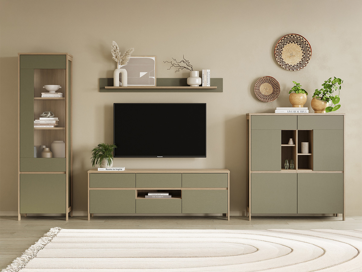 Stuemøbelsæt Fermaru 110 (Støvet grøn + Egetræ)