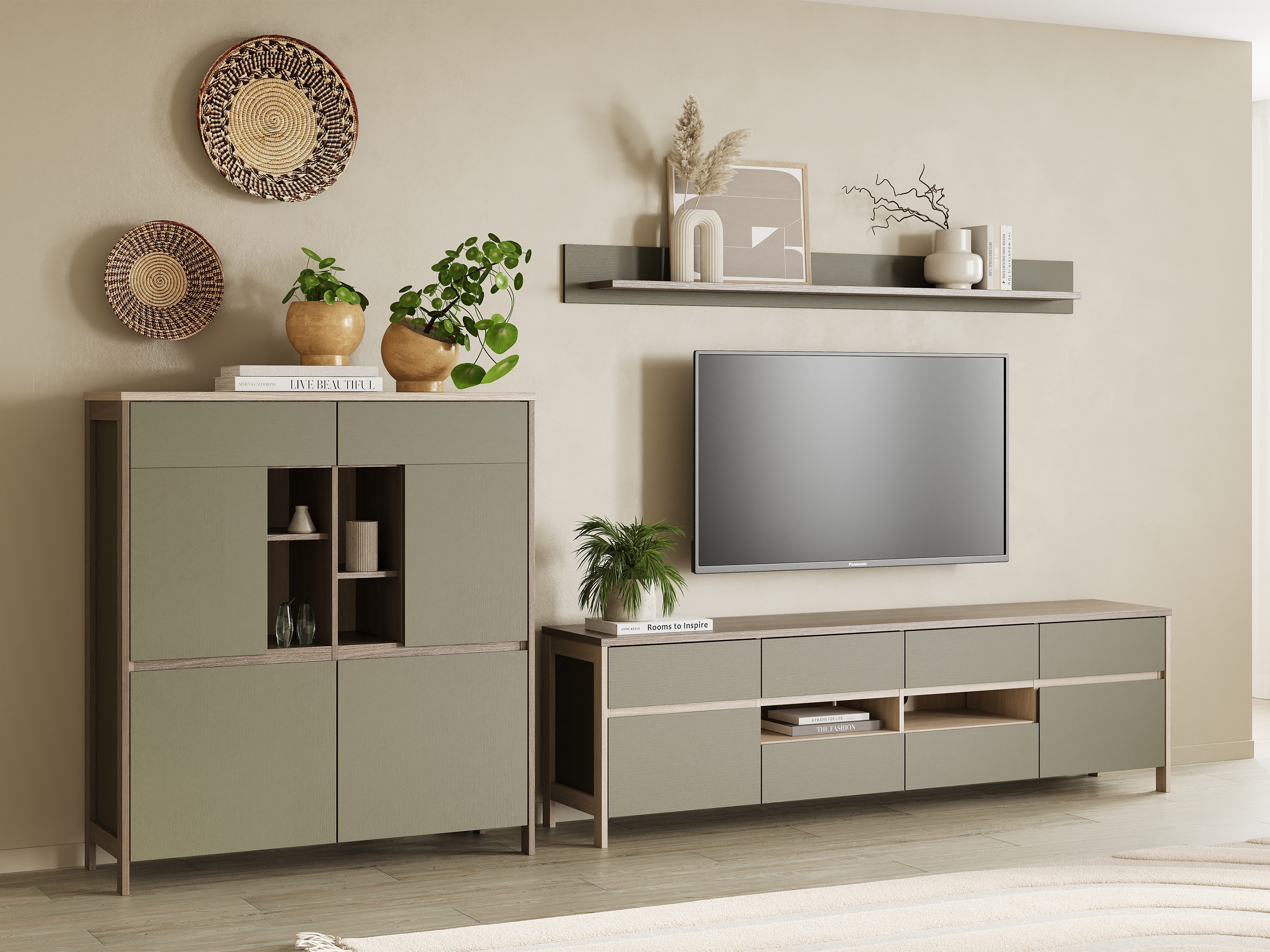 Stuemøbelsæt Fermaru 112 (Støvet grøn + Egetræ)