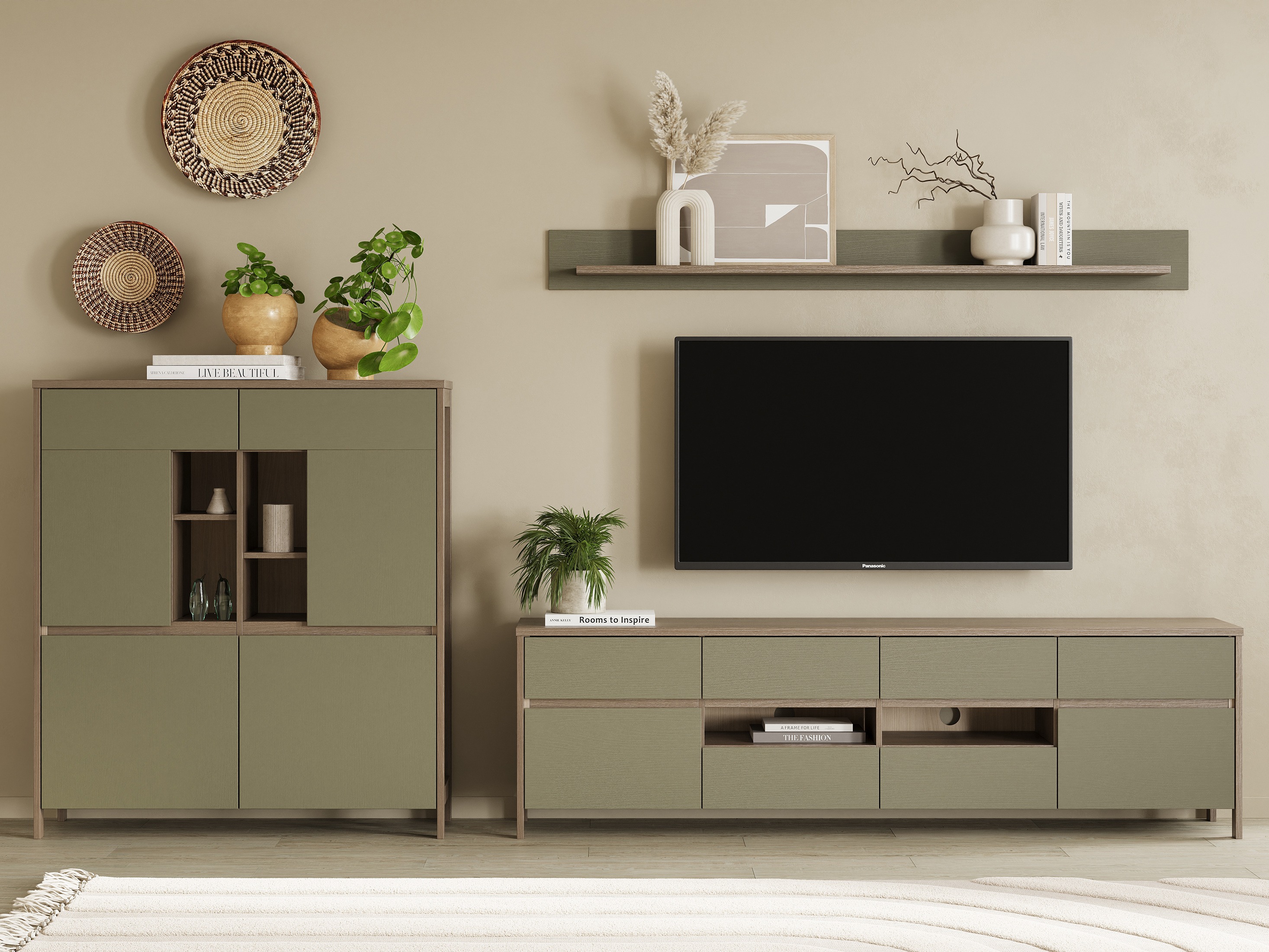 Stuemøbelsæt Fermaru 112 (Støvet grøn + Egetræ)