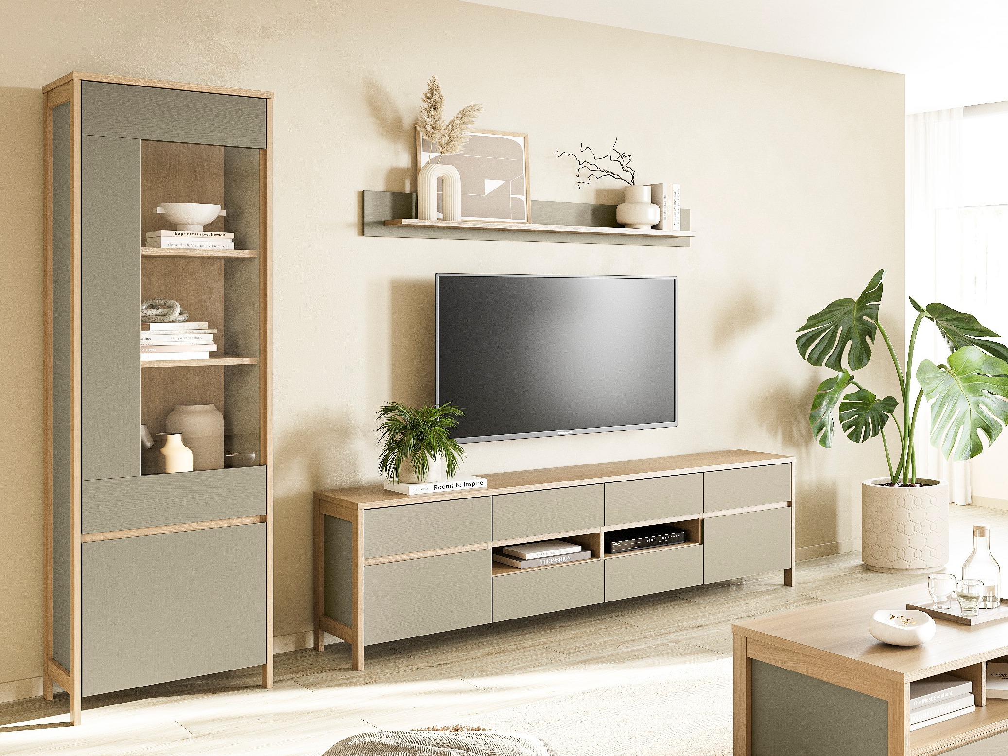 Stuemøbelsæt Fermaru 113 (Støvet grøn + Egetræ)