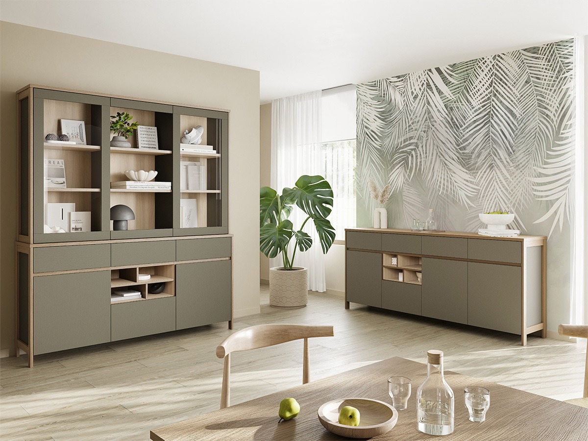 Møbelsæt Fermaru 114 (Støvet grøn + Egetræ)