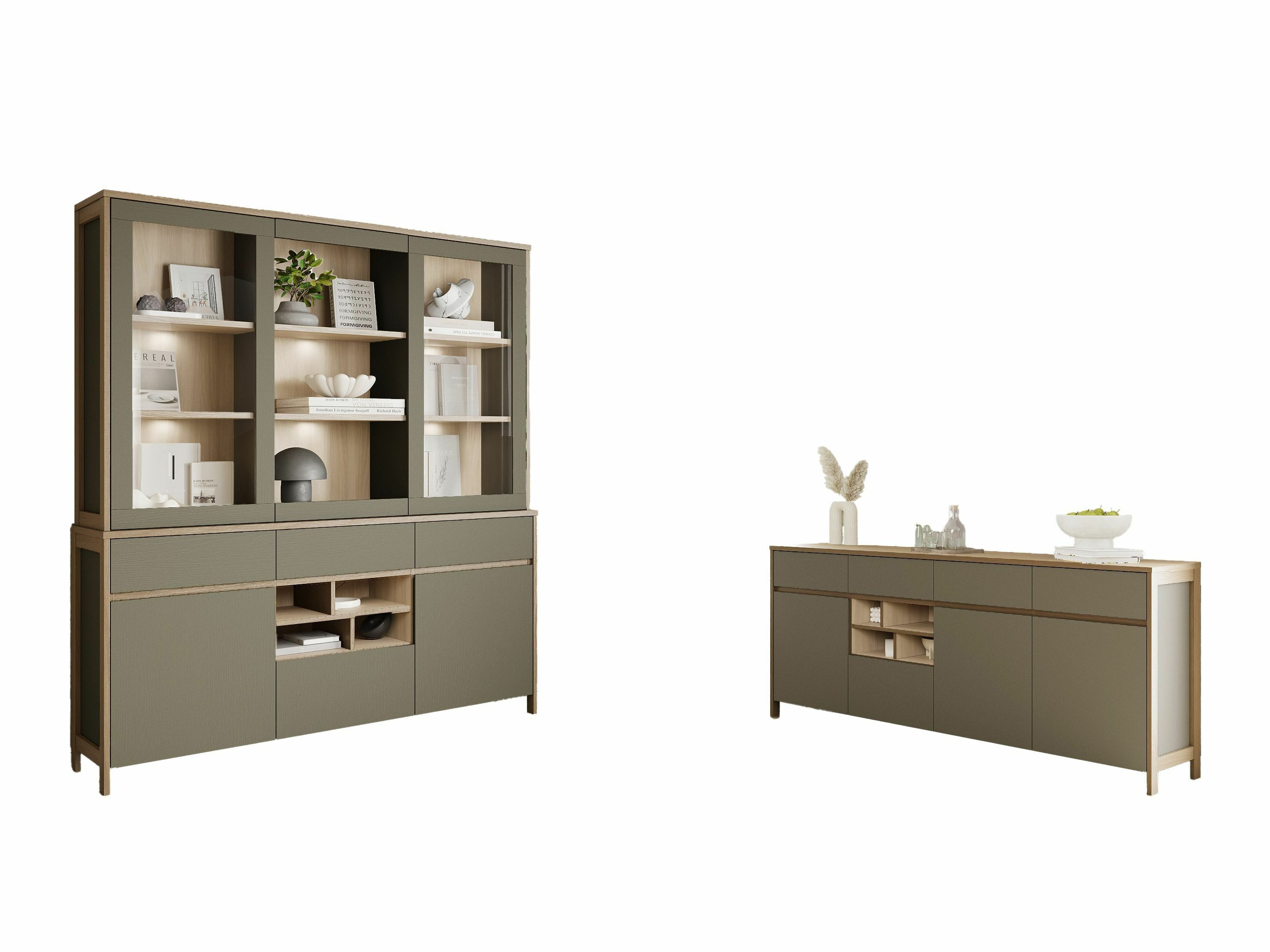 Møbelsæt Fermaru 114 (Støvet grøn + Egetræ)