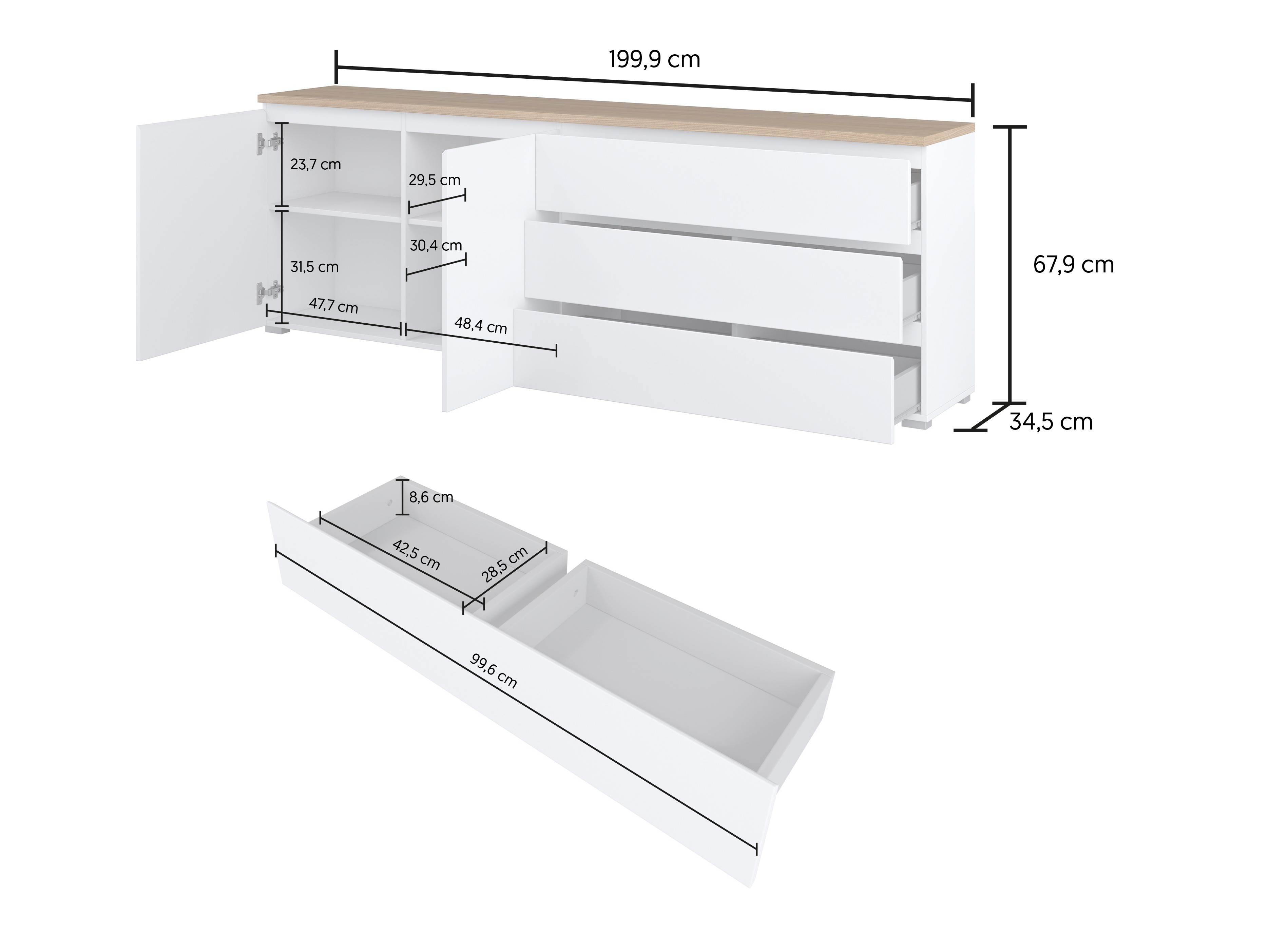 Kommode Baletu 107 (Hvid + Egetræ)
