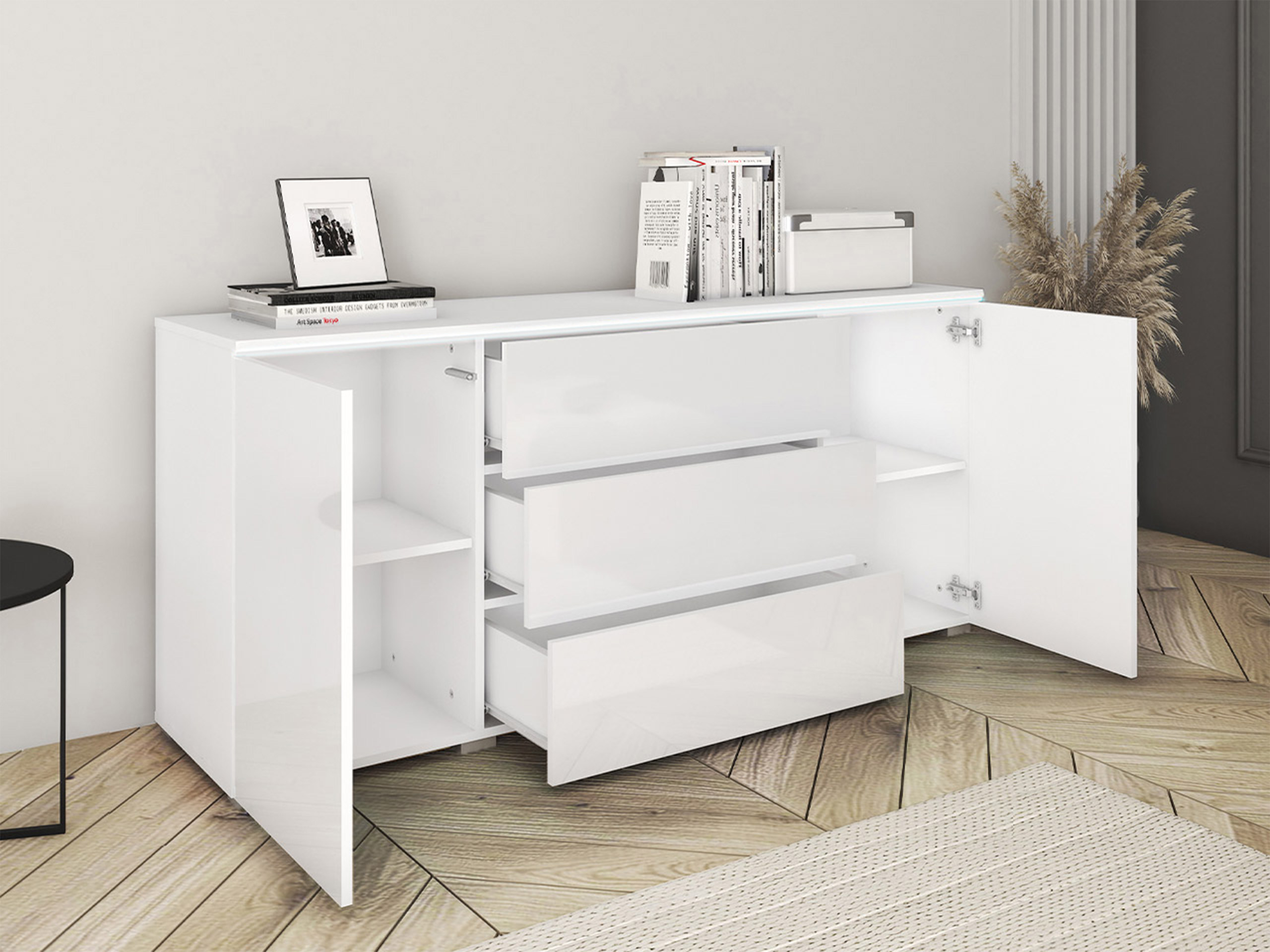 Kommode Mirfivo 102 (Beton + Glansfuld hvid)