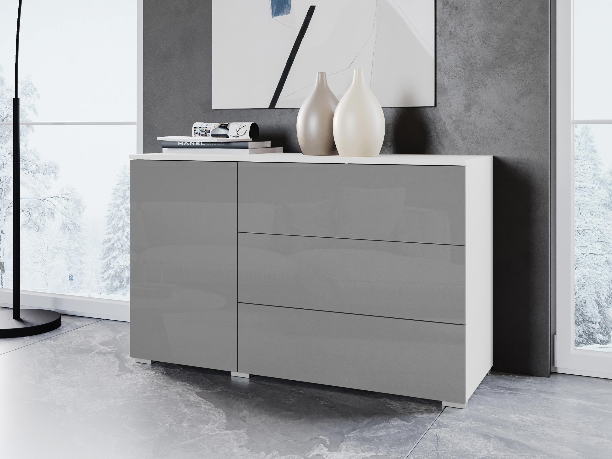 Kommode Sarasota 128 (Hvid + Glansfuld grå)