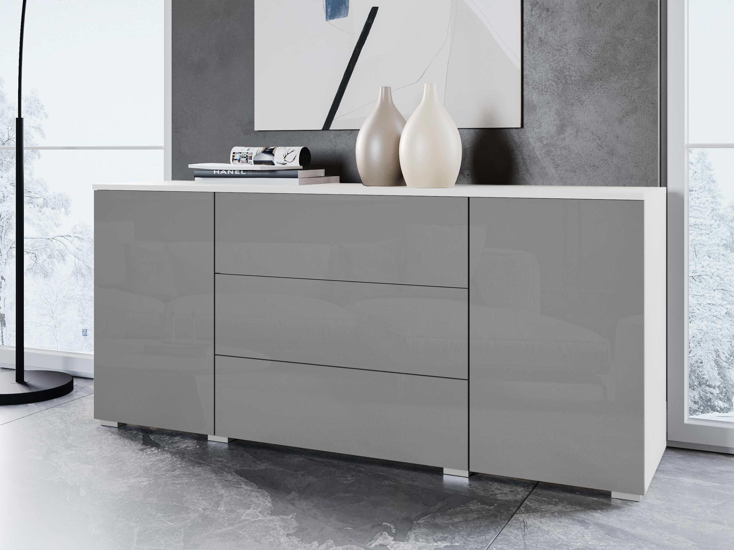 Kommode Sarasota 129 (Hvid + Glansfuld grå)