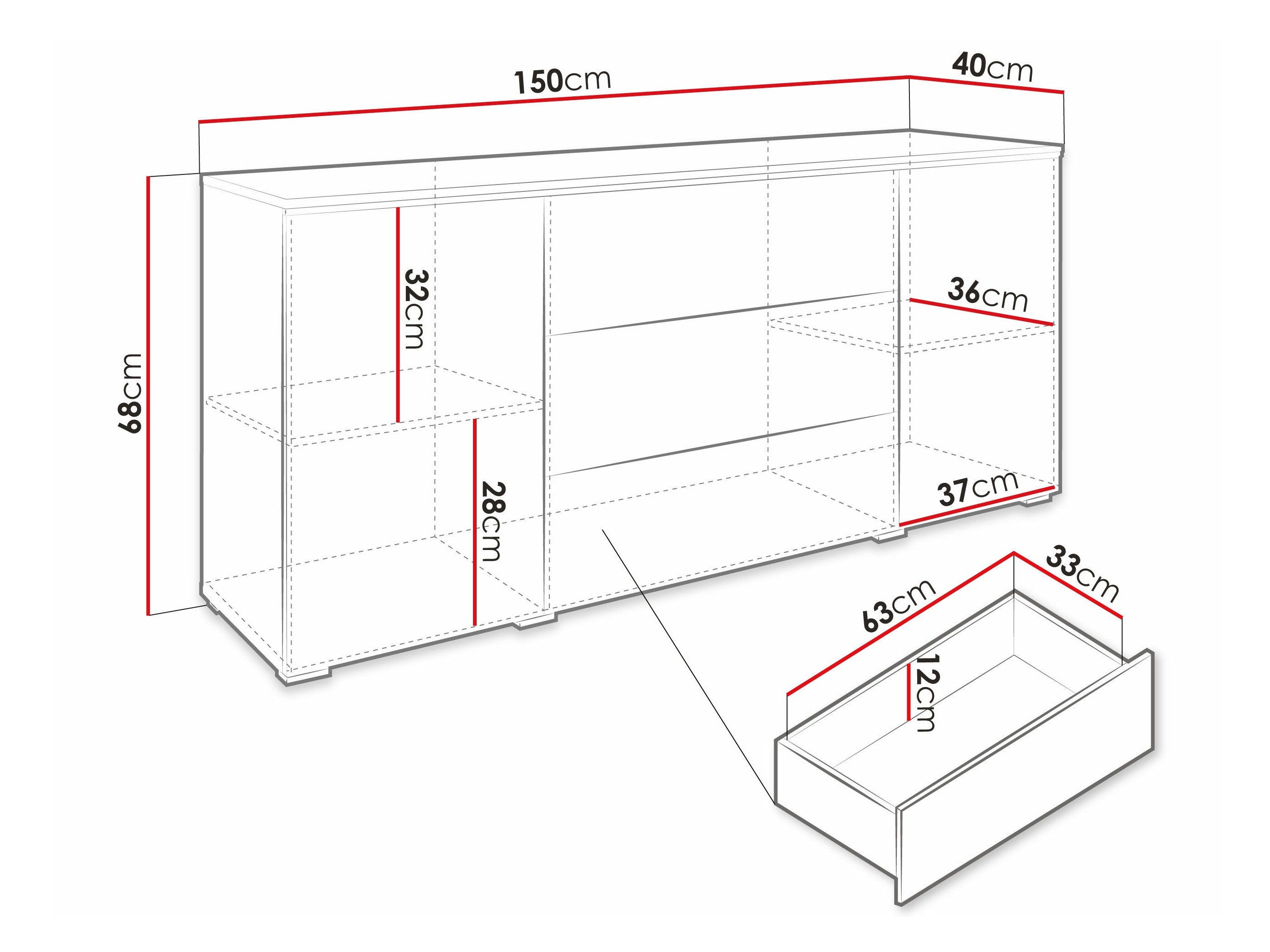 Kommode Sarasota 142 (Beton + Glansfuld hvid)