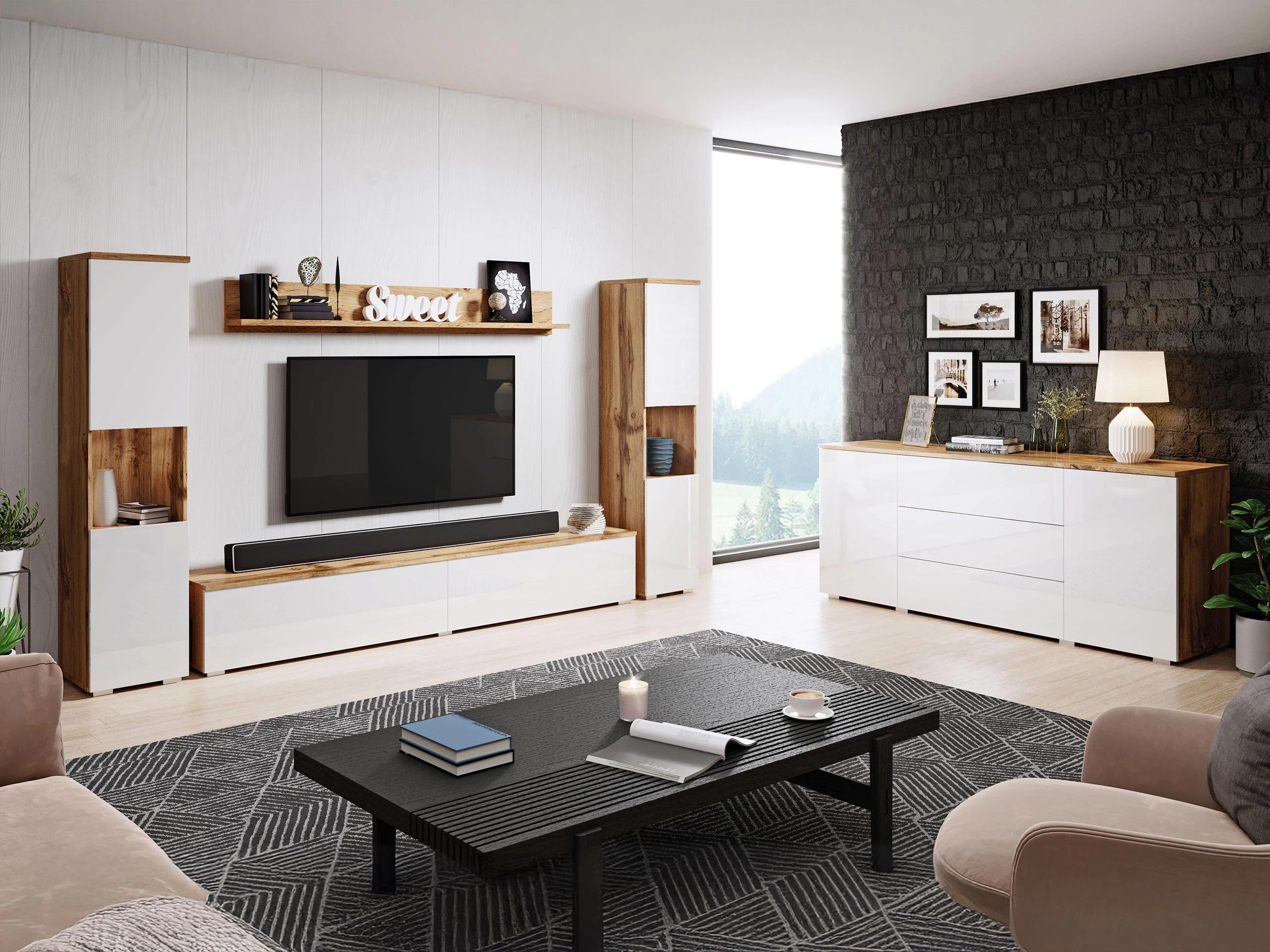 Stuemøbelsæt Sarasota 133 (Wotan eg + Glansfuld hvid)