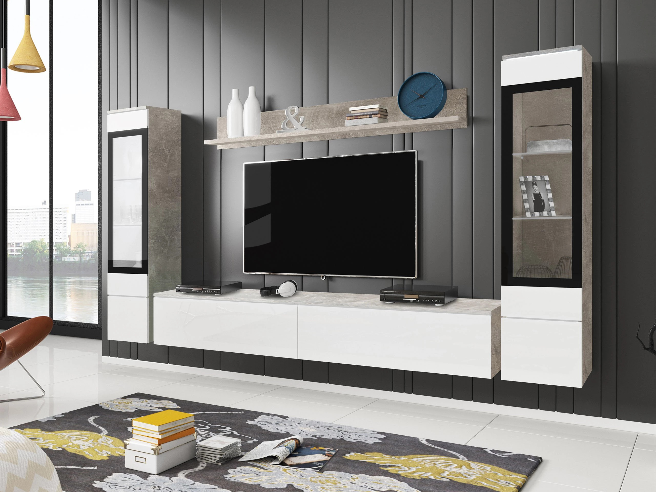 Stuemøblersæt Sarasota 126 (Beton + Glansfuld hvid)