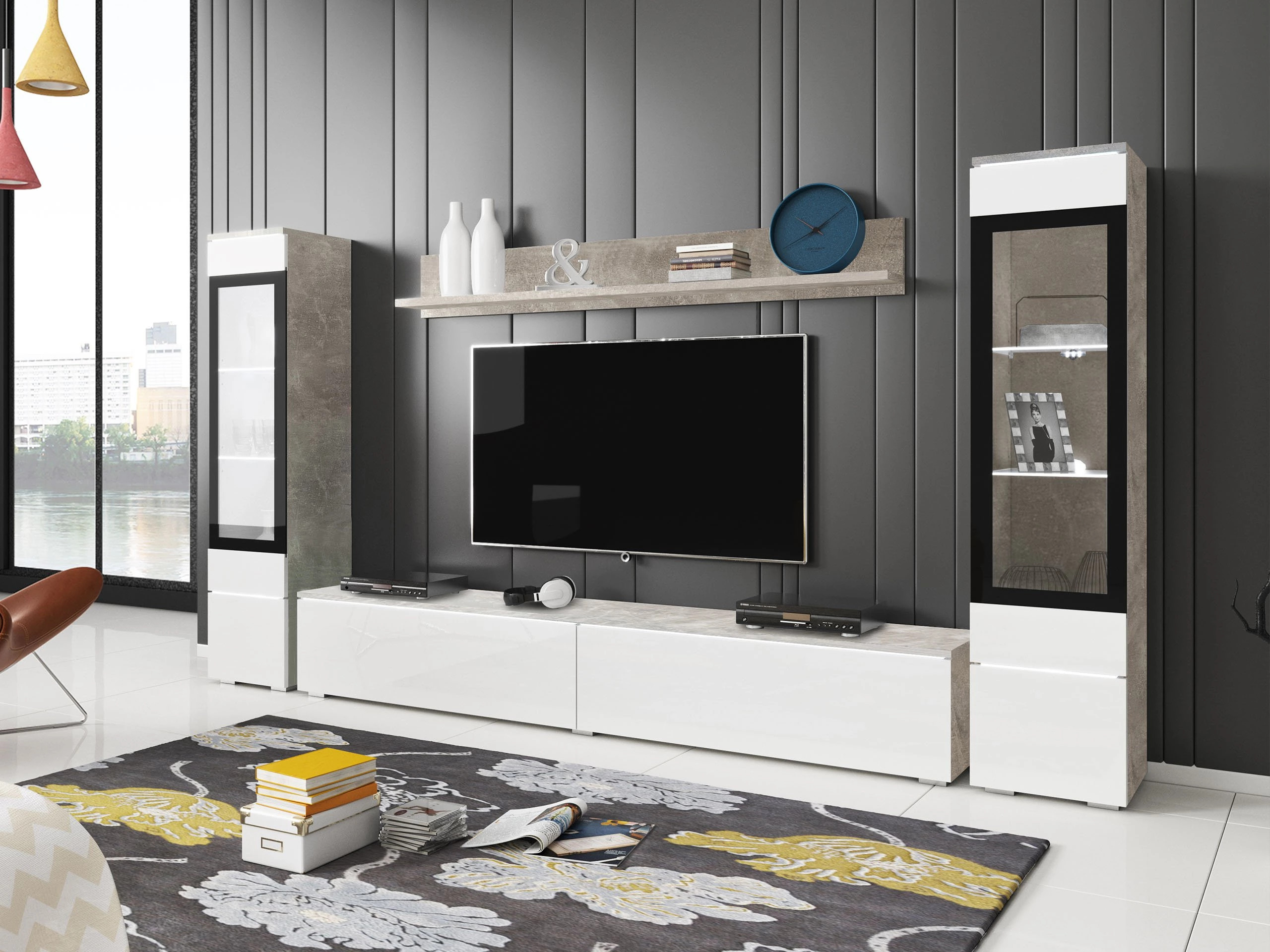 Stuemøblersæt Sarasota 126 (Beton + Glansfuld hvid)