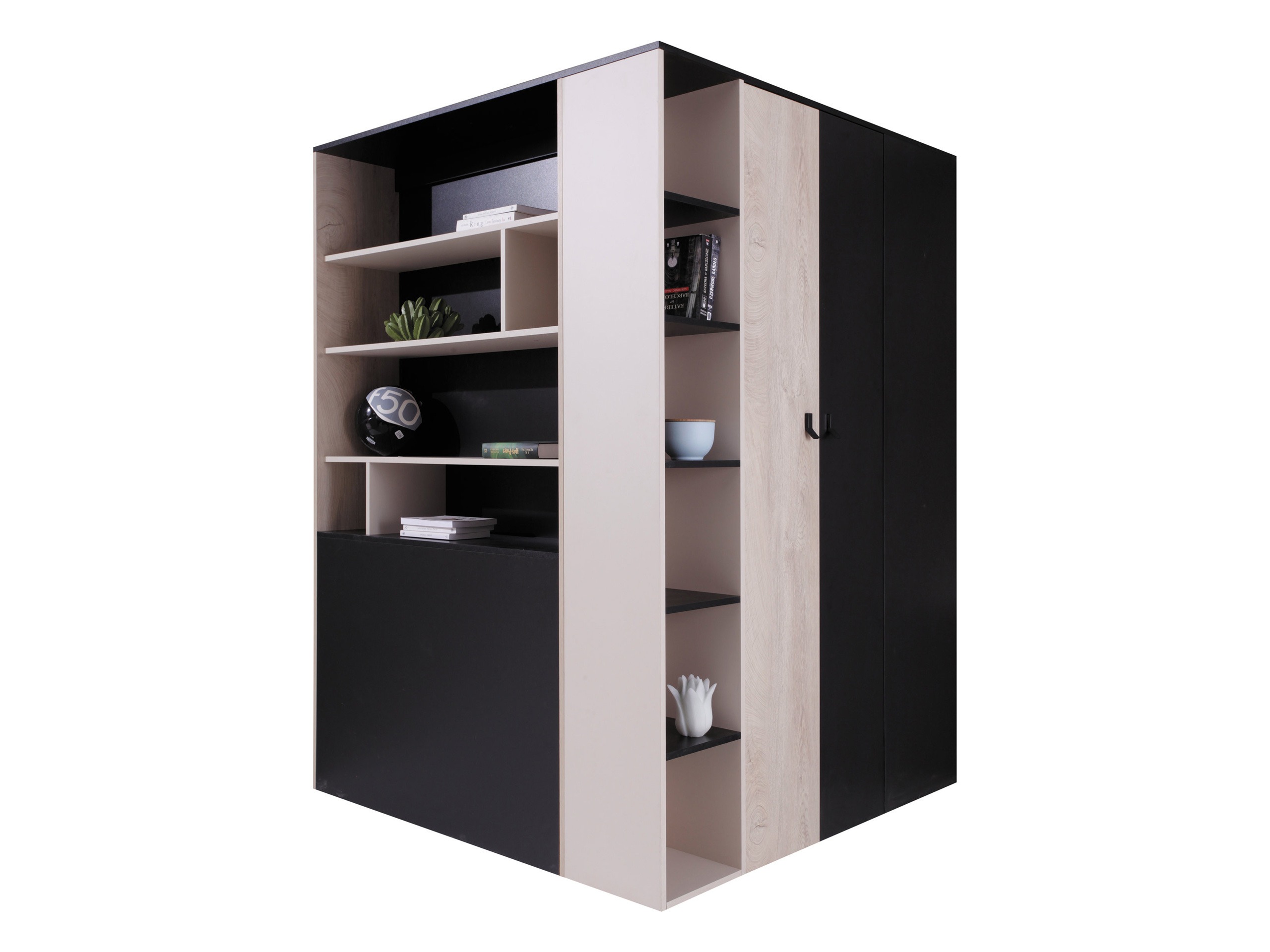 Hjørnegarderob Camteso 113 (Sort + Egetræ + Beige)