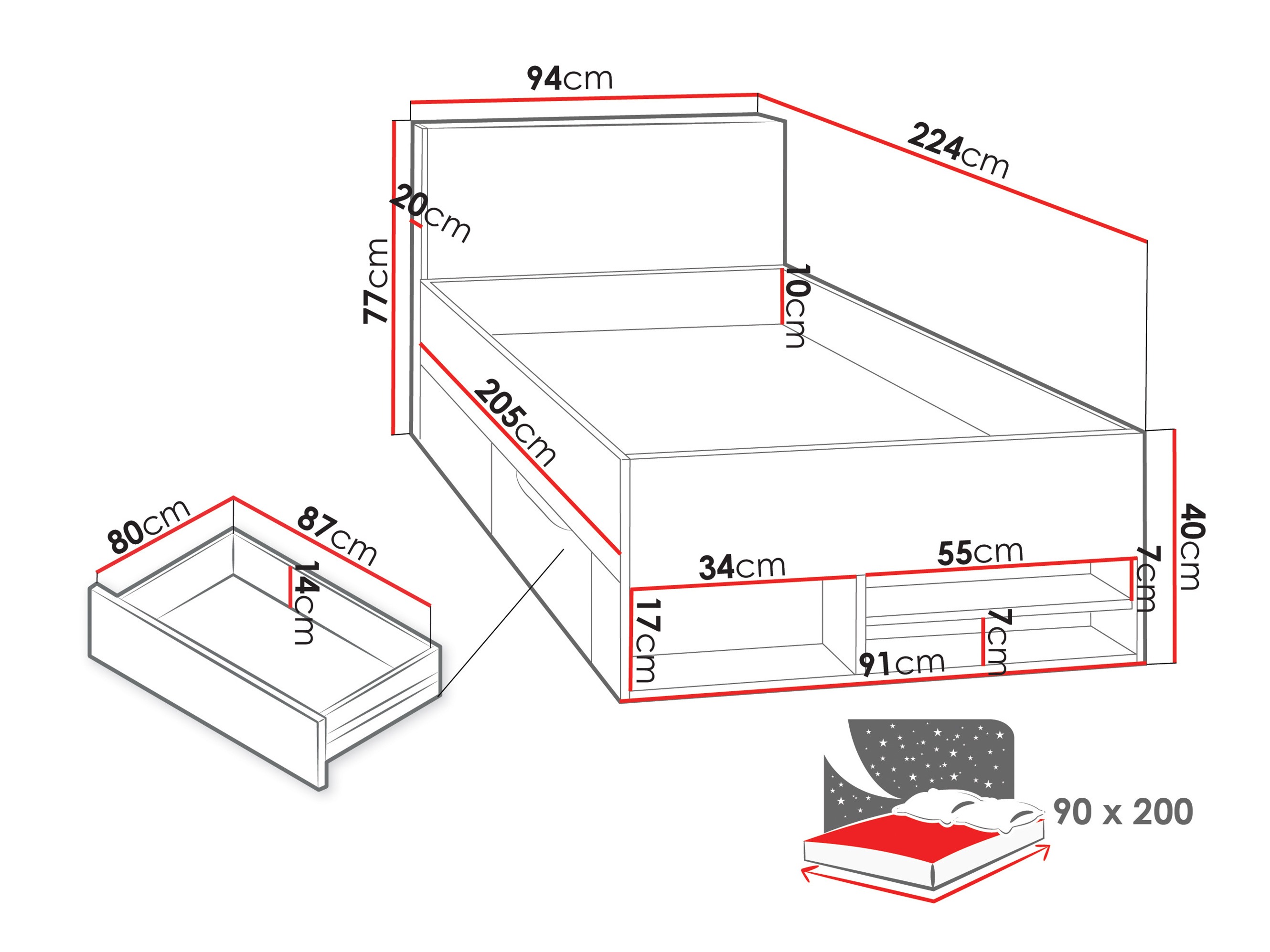 Seng Camteso 112 (Hvid + Egetræ + Turkis)
