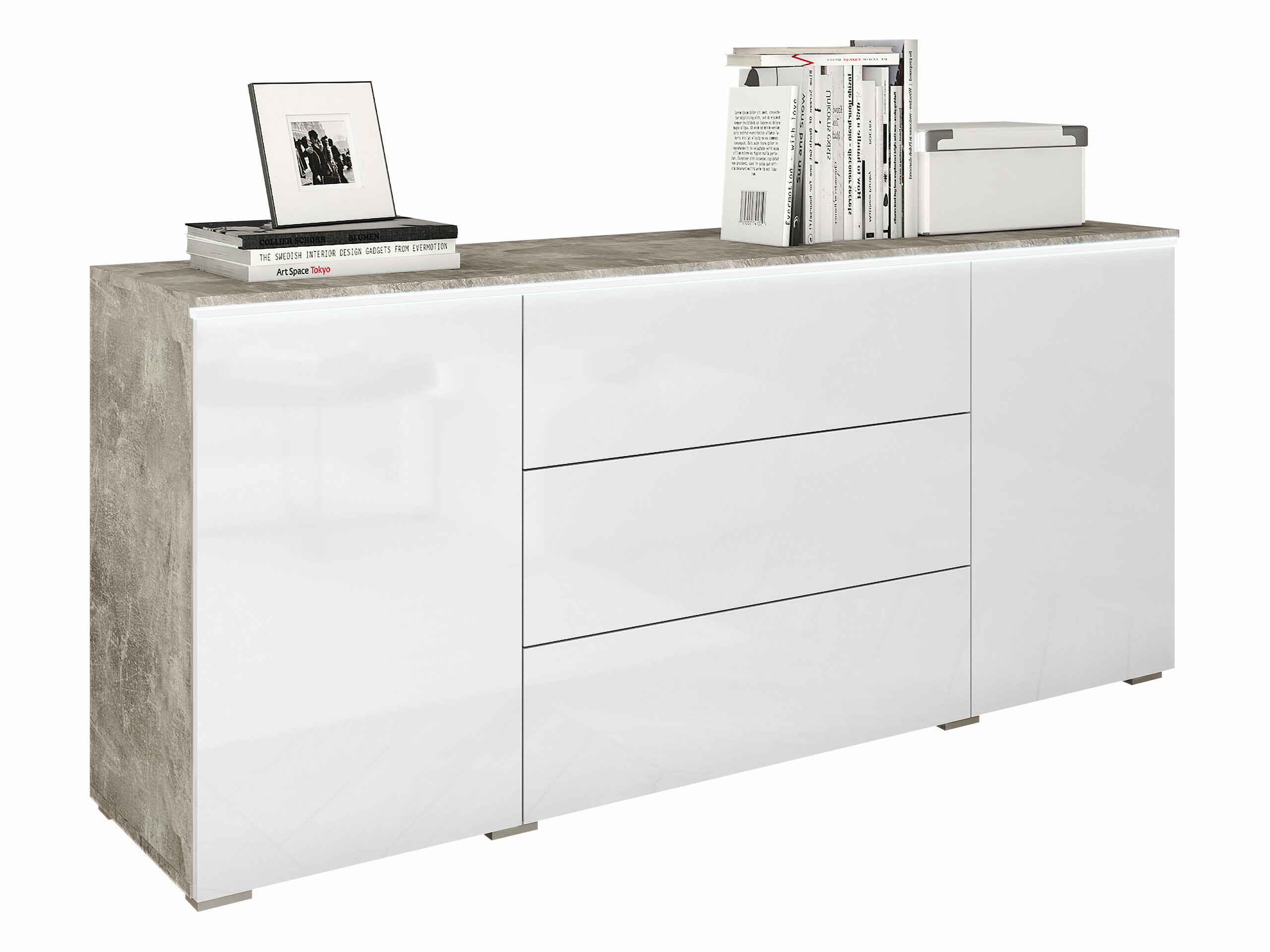 Kommode Mirfivo 102 (Beton + Glansfuld hvid)
