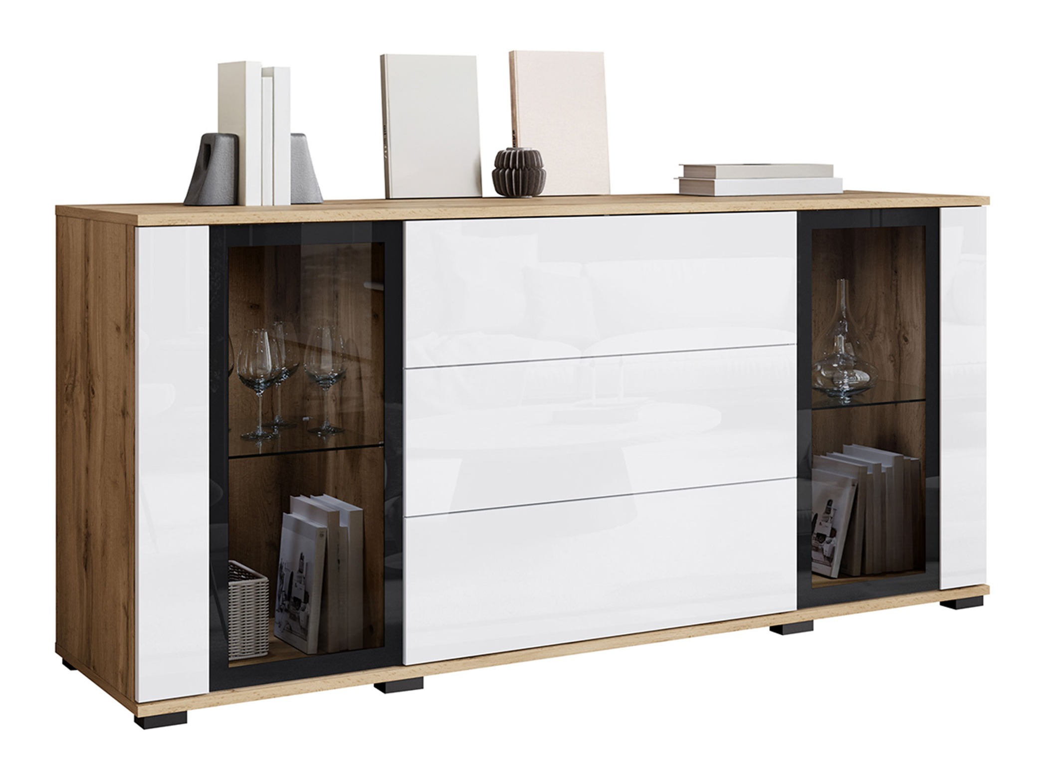 Kommode Torcame 101 (Wotan eg + Glansfuld hvid)