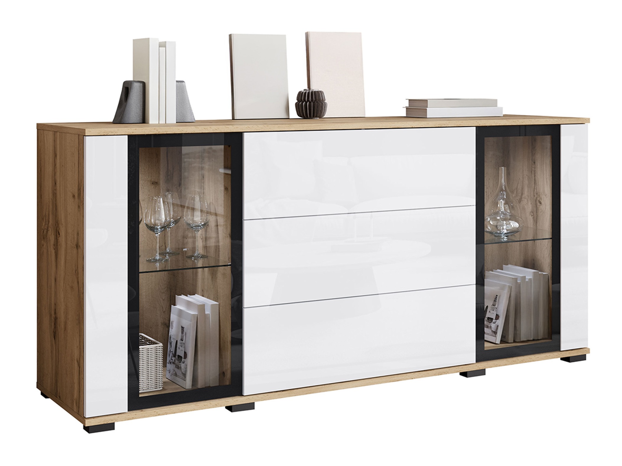 Kommode Torcame 101 (Wotan eg + Glansfuld hvid)