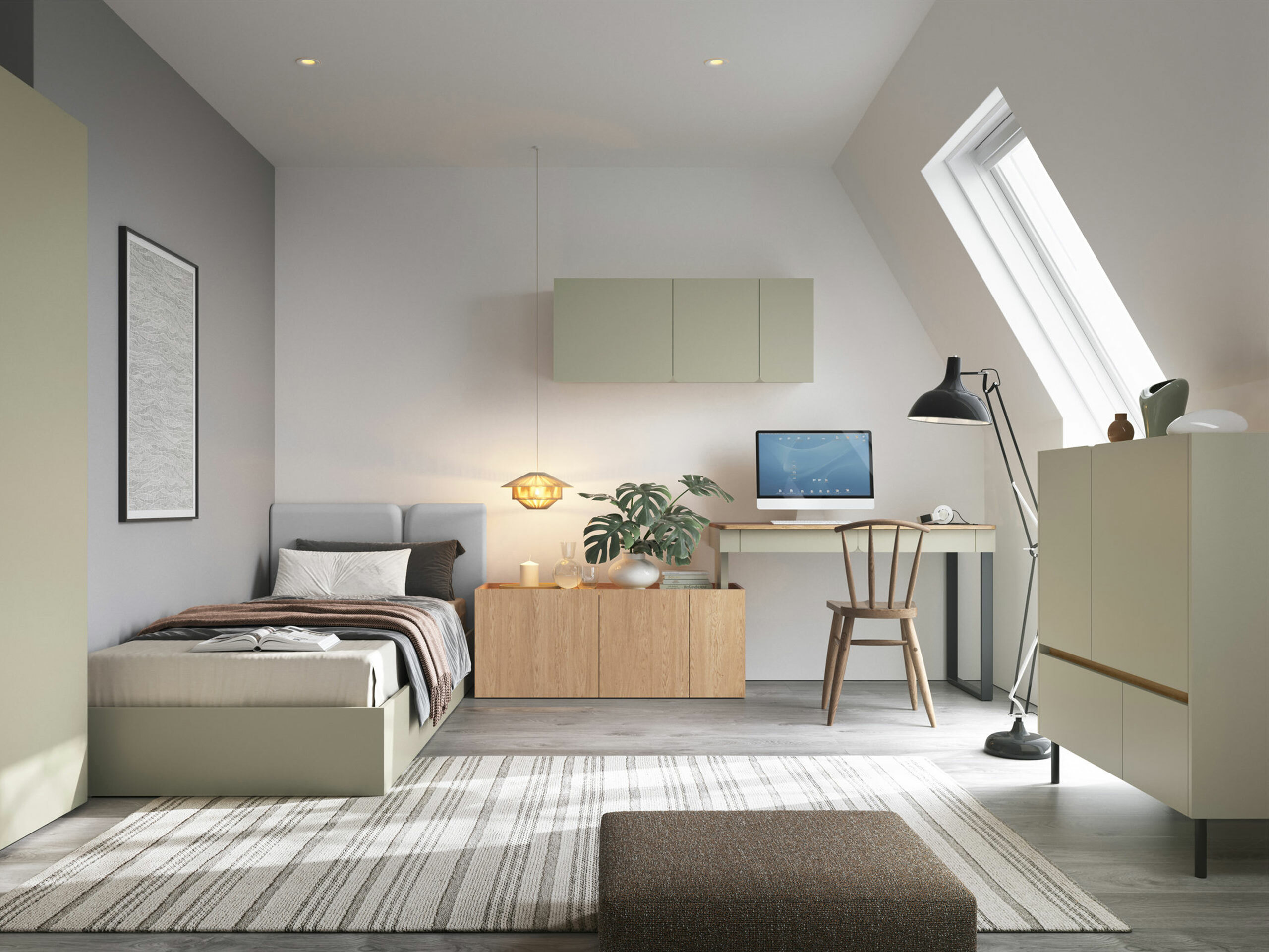 Hjørneskrivebord Fiosono 110 (Støvet grøn + Egetræ)