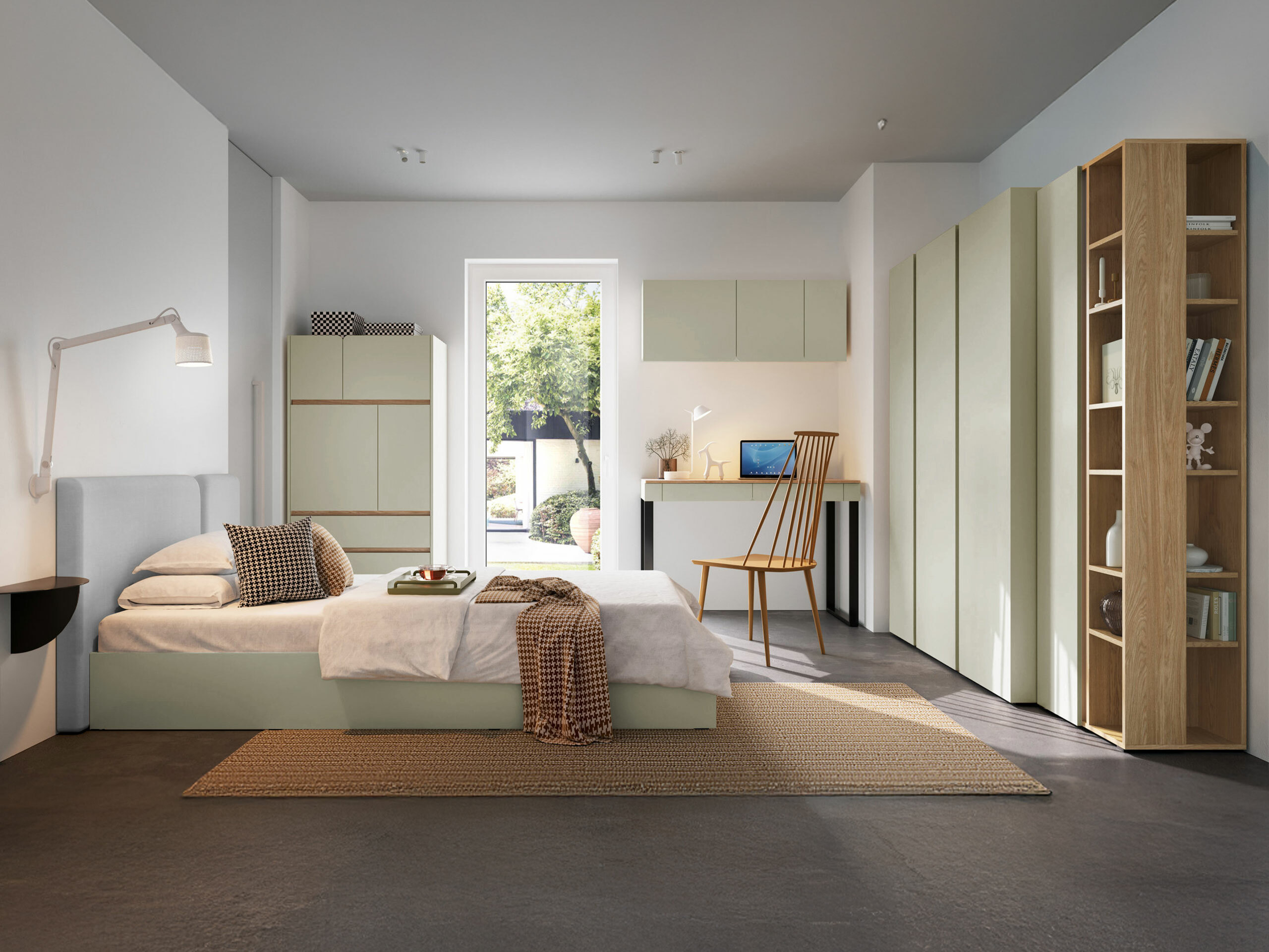 Soveværelsessæt Fiosono 113 (Støvet grøn + Egetræ)