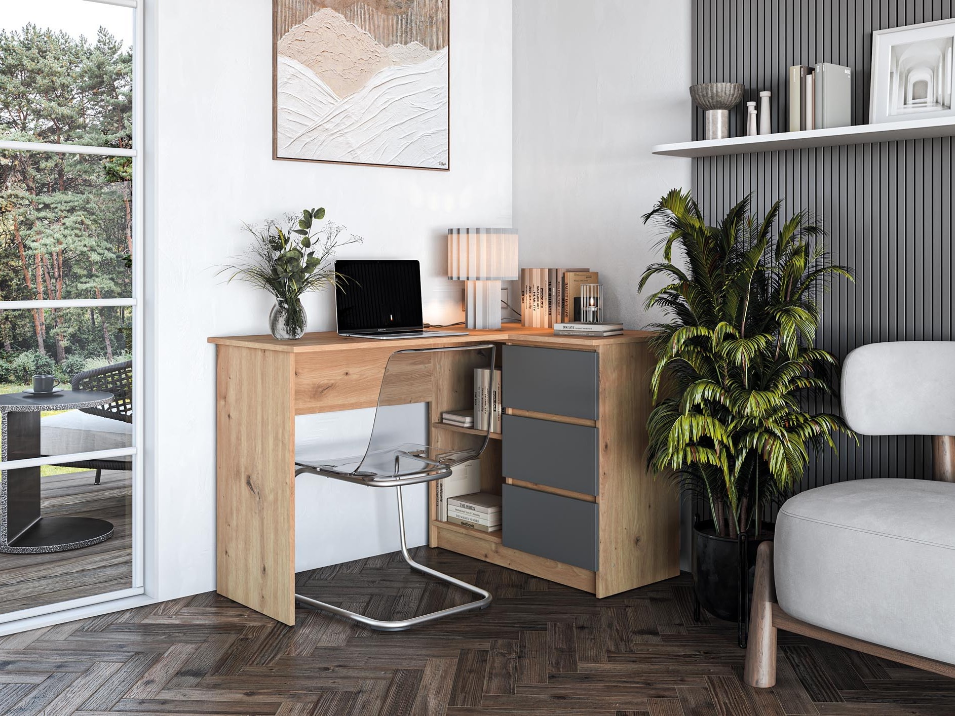 Hjørneskrivebord Houston 1950 (Grafit + Artisan eg)