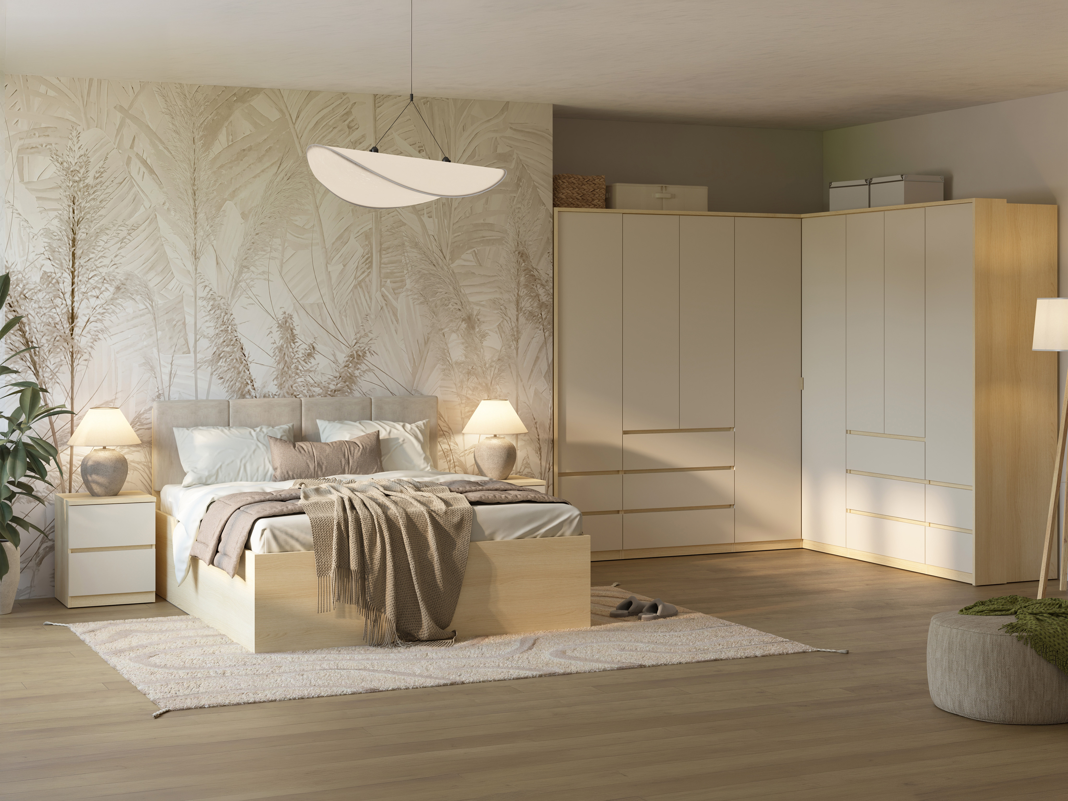 Hjørnegarderob Nolcala 107 (Egetræ + Beige)