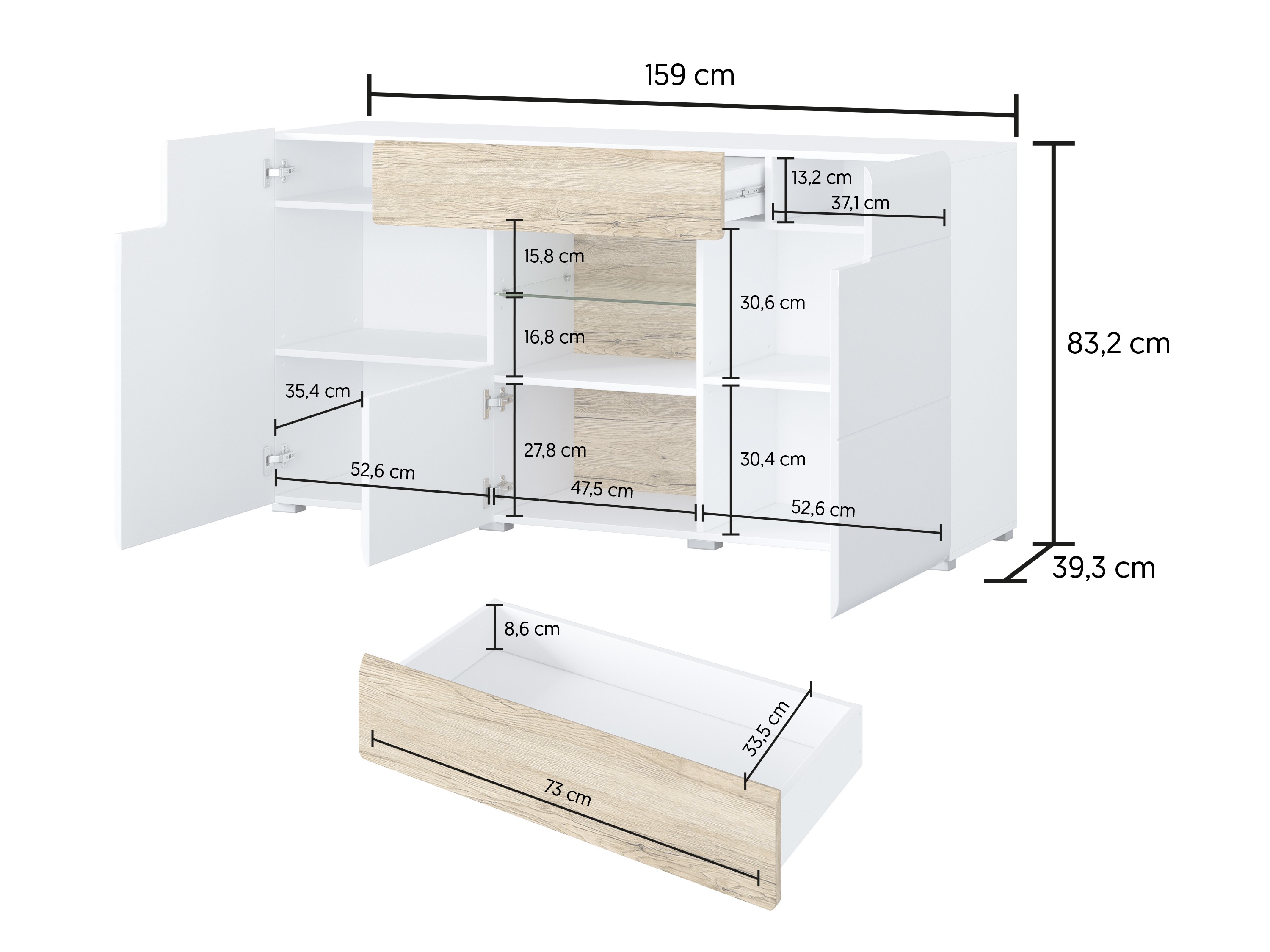 Kommode Torsone 108 (Hvid + Glansfuld hvid + San remo eg)