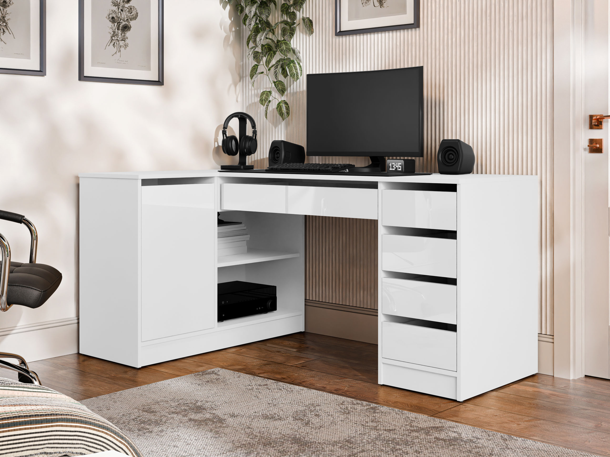 Hjørneskrivebord Comfivo Terros III (Glansfuld hvid + Hvid)