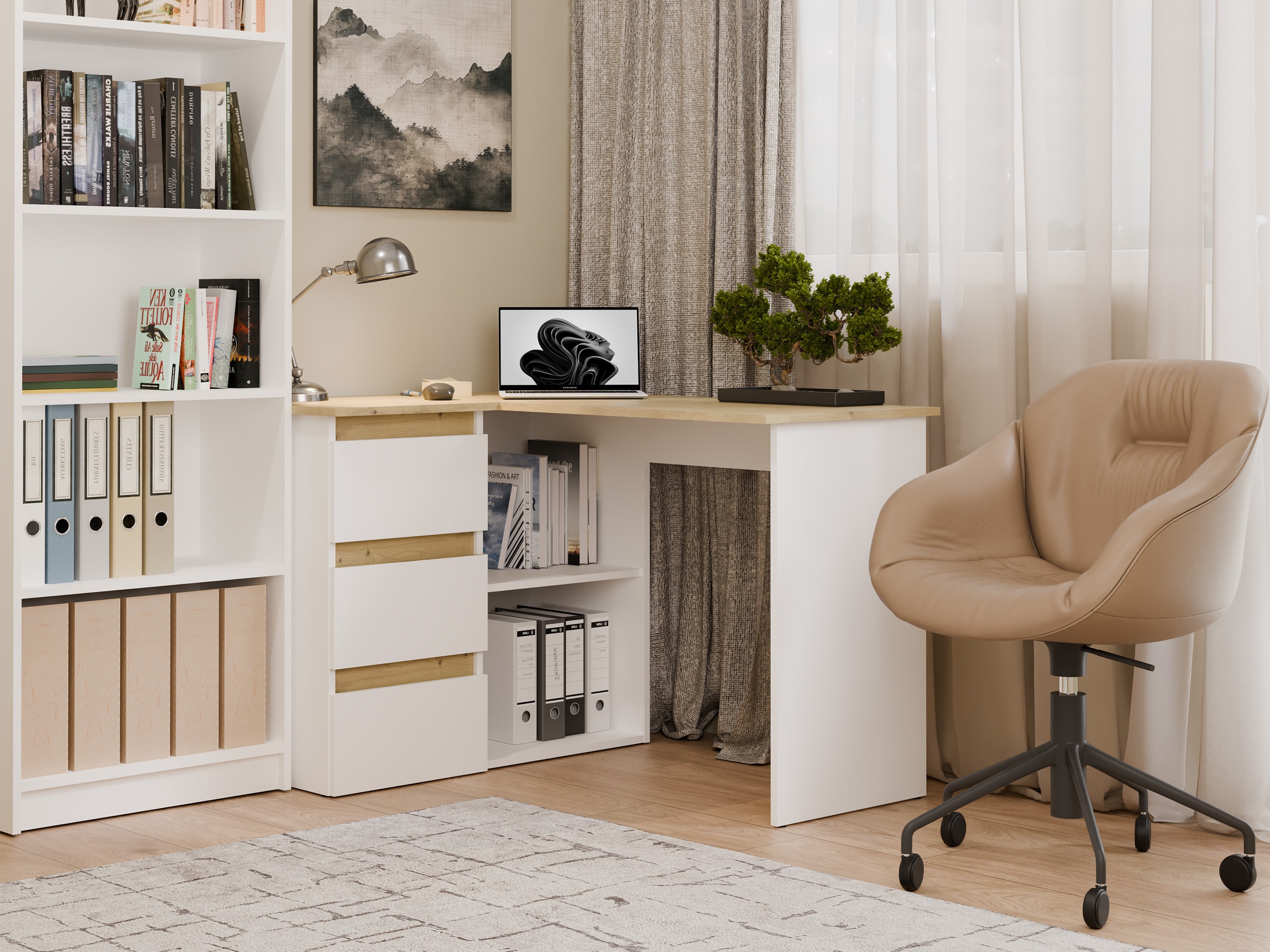 Hjørneskrivebord Mandeville 365 (Artisan eg + Hvid)