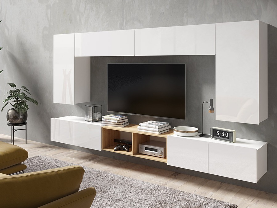 Stuemøbelsæt Tivdalu 143 (Hvid + Glansfuld hvid + Gylden eg)