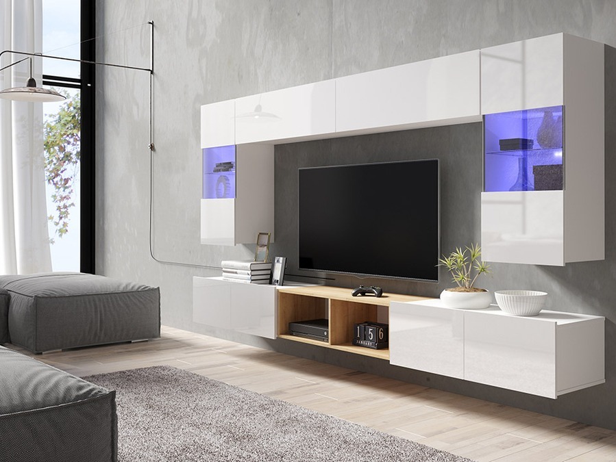 Stuemøbelsæt Tivdalu 144 (Hvid + Glansfuld hvid + Gylden eg)