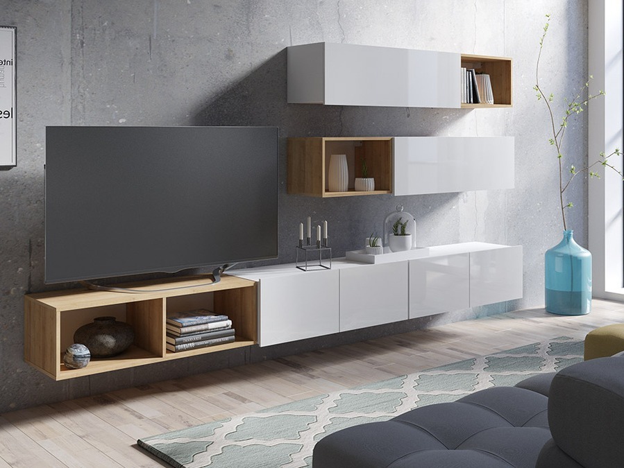 Stuemøbelsæt Tivdalu 145 (Hvid + Glansfuld hvid + Gylden eg)