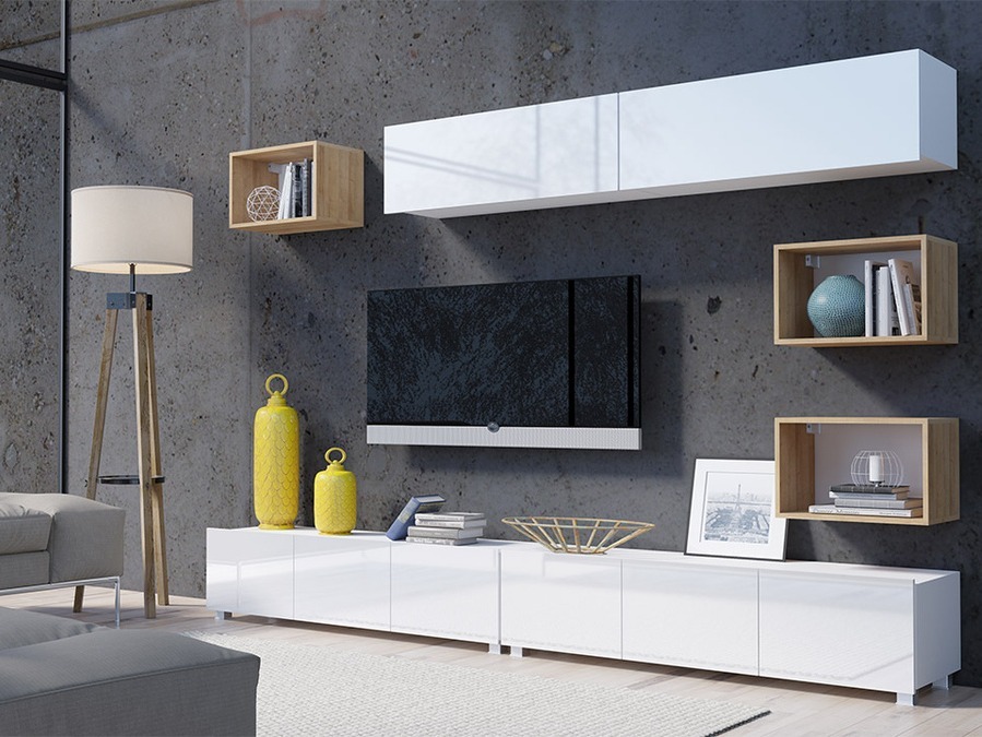 Stuemøbelsæt Tivdalu 151 (Hvid + Glansfuld hvid + Gylden eg)