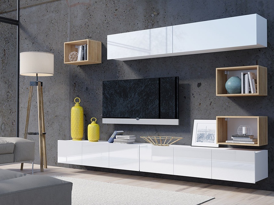 Stuemøbelsæt Tivdalu 151 (Hvid + Glansfuld hvid + Gylden eg)